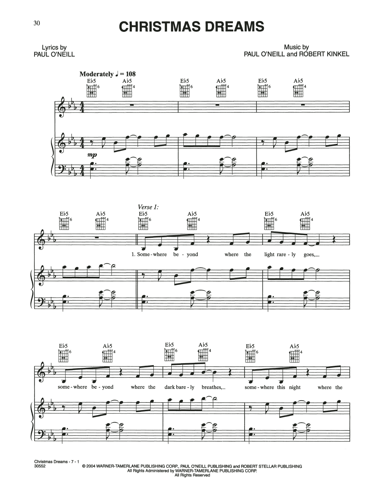 Trans-Siberian Orchestra Christmas Dreams sheet music notes and chords arranged for Piano, Vocal & Guitar Chords (Right-Hand Melody)