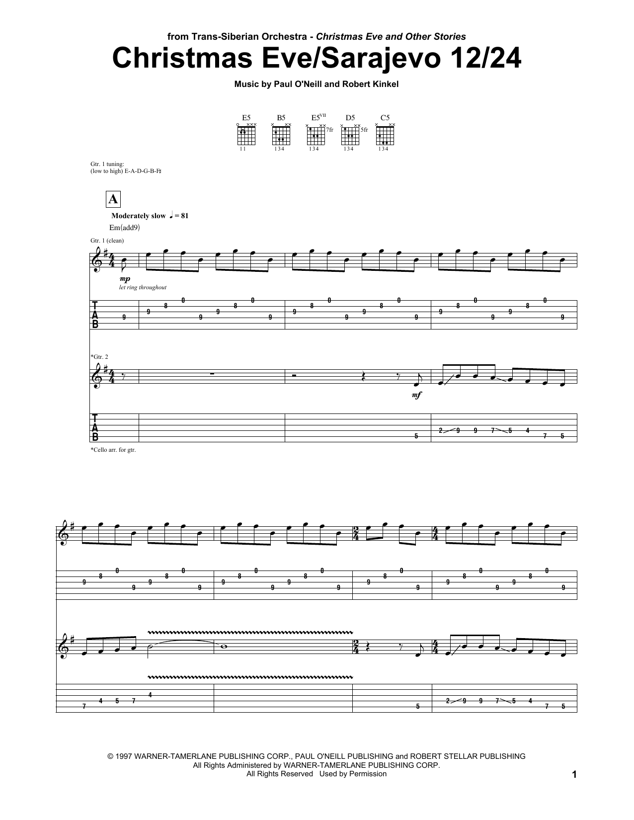 Trans-Siberian Orchestra Christmas Eve/Sarajevo 12/24 sheet music notes and chords arranged for Guitar Tab