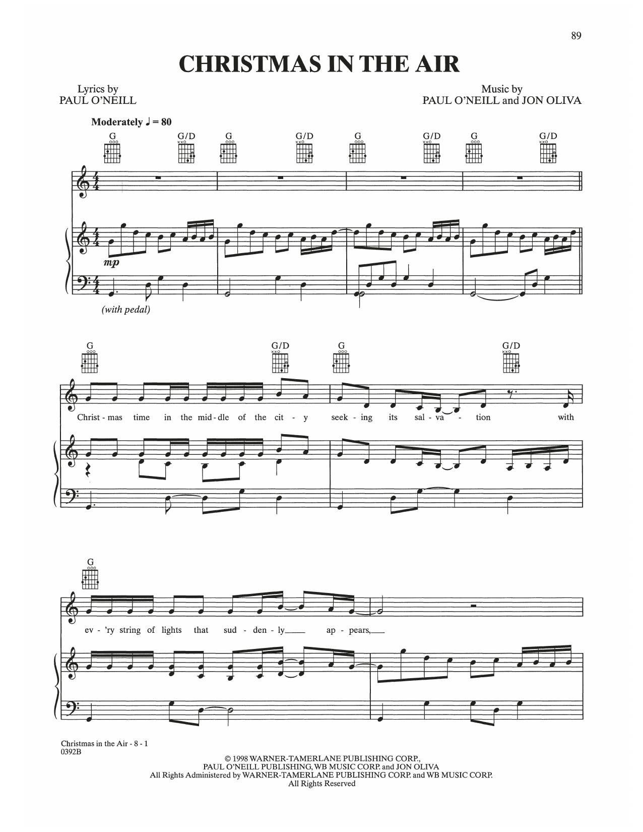 Trans-Siberian Orchestra Christmas In The Air sheet music notes and chords arranged for Piano, Vocal & Guitar Chords (Right-Hand Melody)
