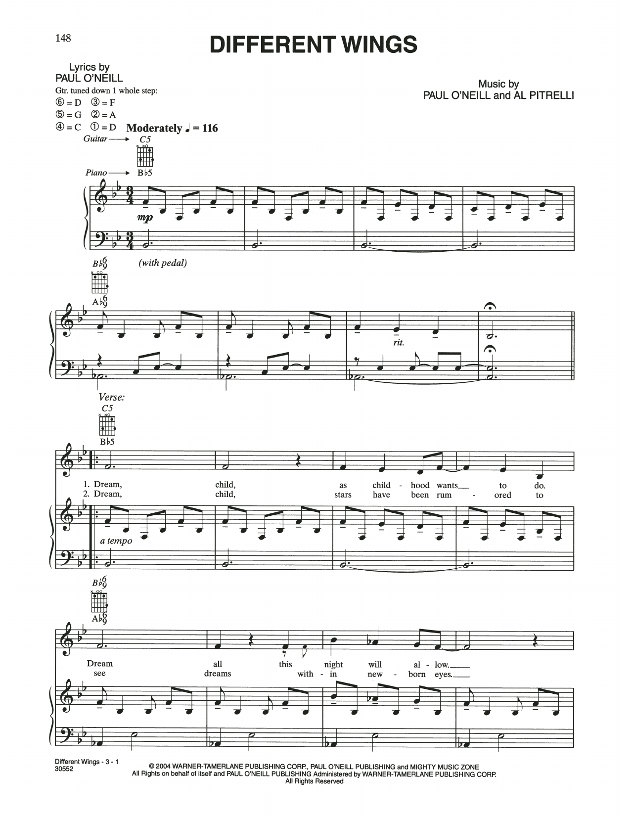 Trans-Siberian Orchestra Different Wings sheet music notes and chords arranged for Piano, Vocal & Guitar Chords (Right-Hand Melody)