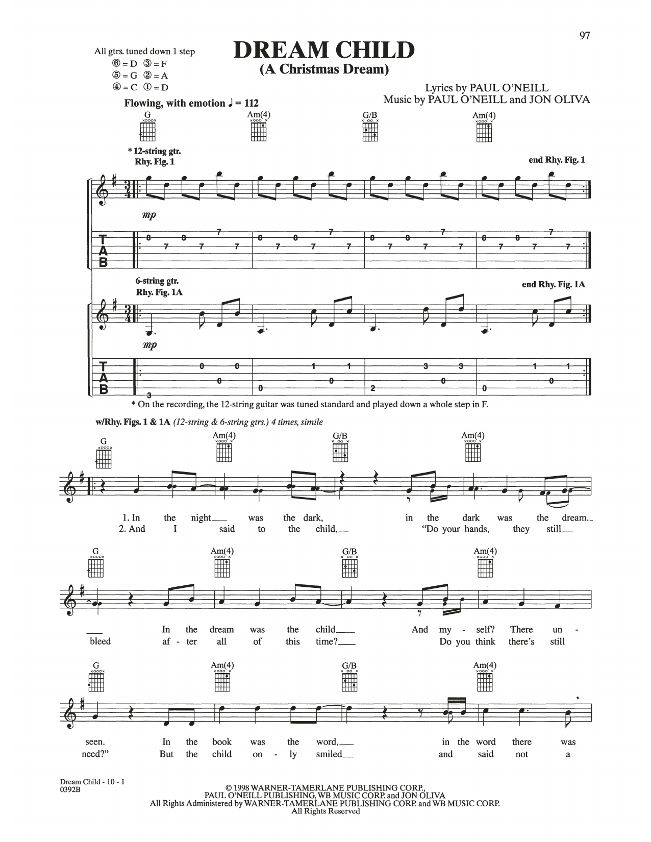 Trans-Siberian Orchestra Dream Child (A Christmas Dream) sheet music notes and chords arranged for Guitar Tab
