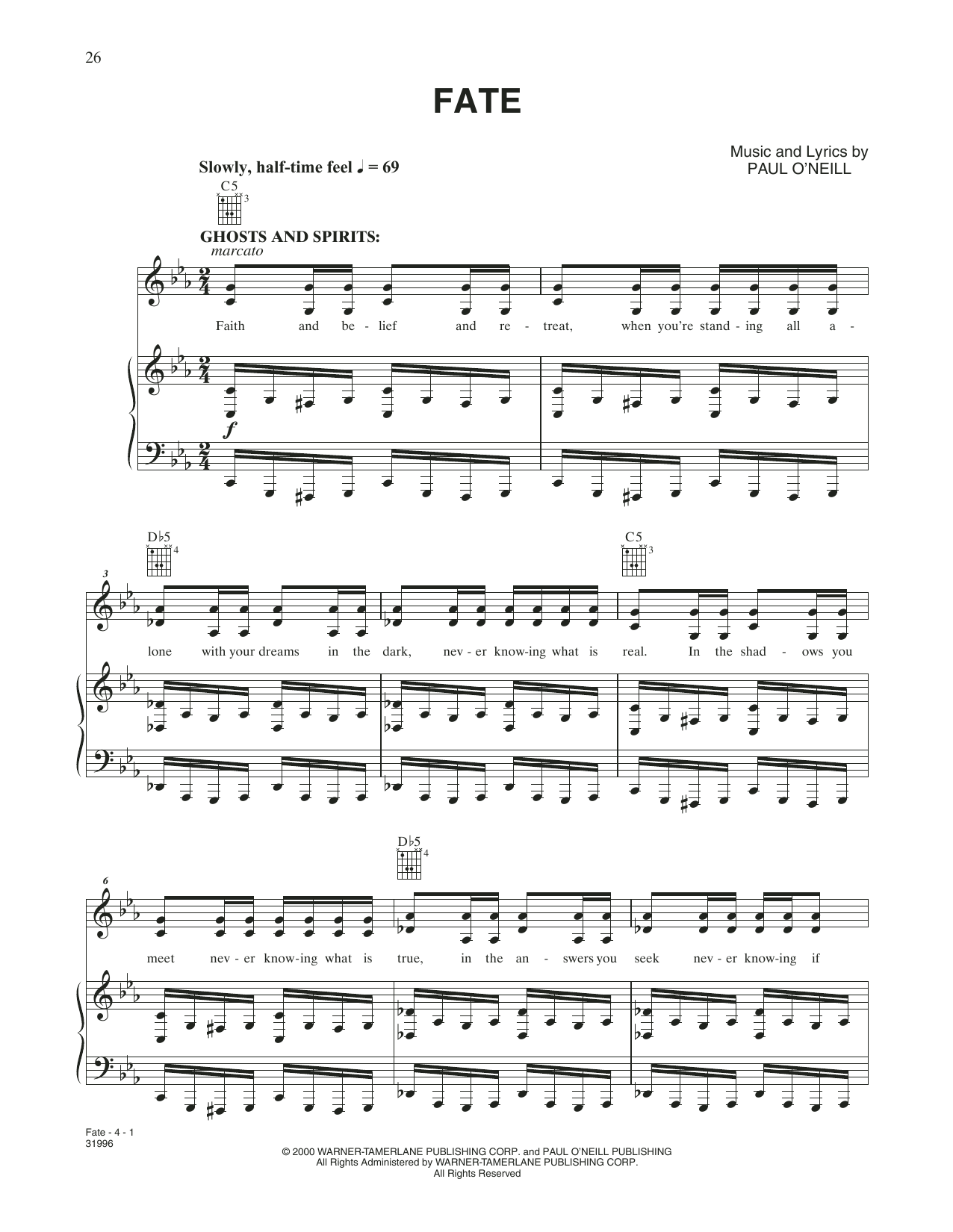 Trans-Siberian Orchestra Fate sheet music notes and chords arranged for Piano, Vocal & Guitar Chords (Right-Hand Melody)