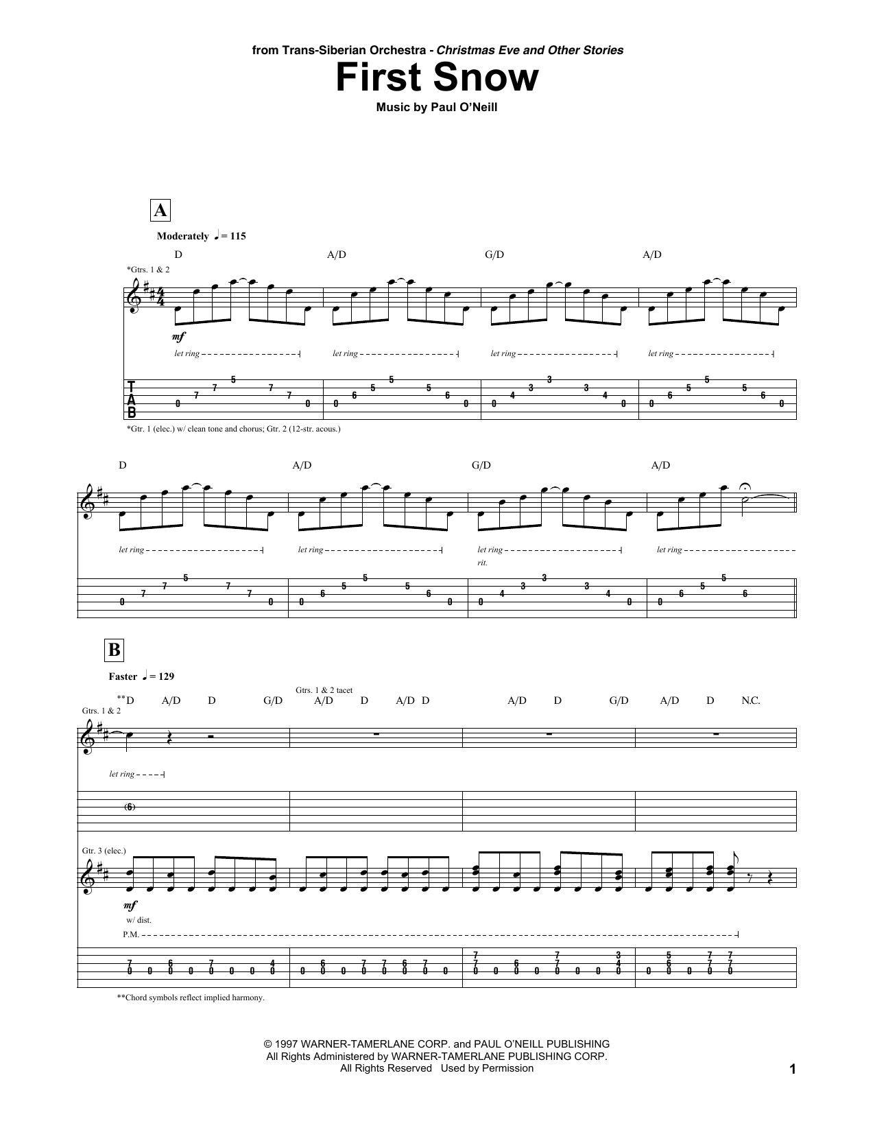 Trans-Siberian Orchestra First Snow sheet music notes and chords arranged for Guitar Tab (Single Guitar)