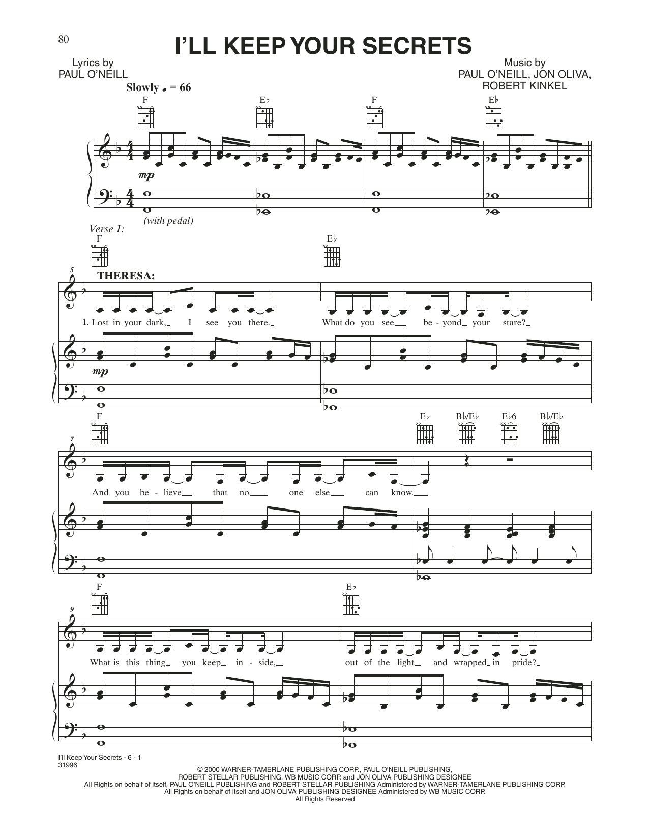 Trans-Siberian Orchestra I'll Keep Your Secrets sheet music notes and chords arranged for Piano, Vocal & Guitar Chords (Right-Hand Melody)