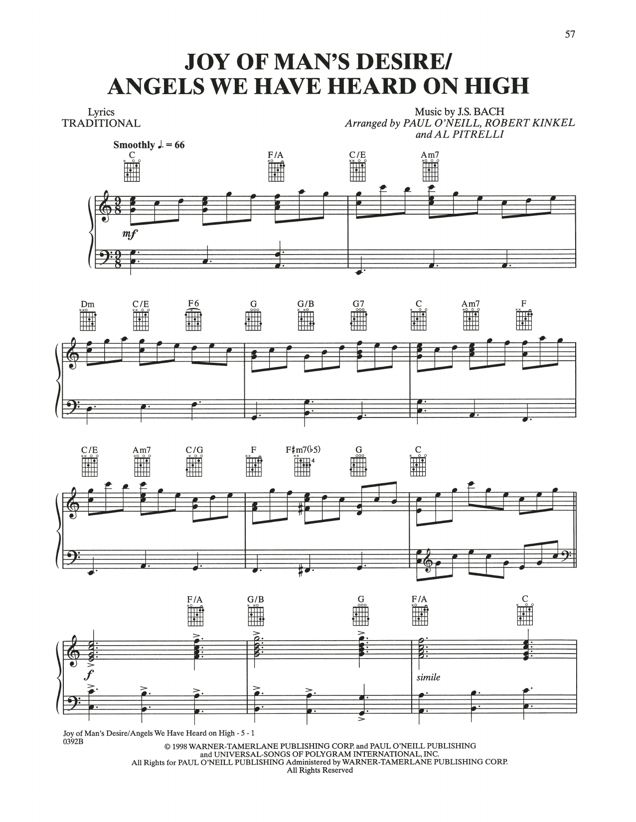 Trans-Siberian Orchestra Joy Of Man's Desire / Angels We Have Heard On High sheet music notes and chords arranged for Piano, Vocal & Guitar Chords (Right-Hand Melody)
