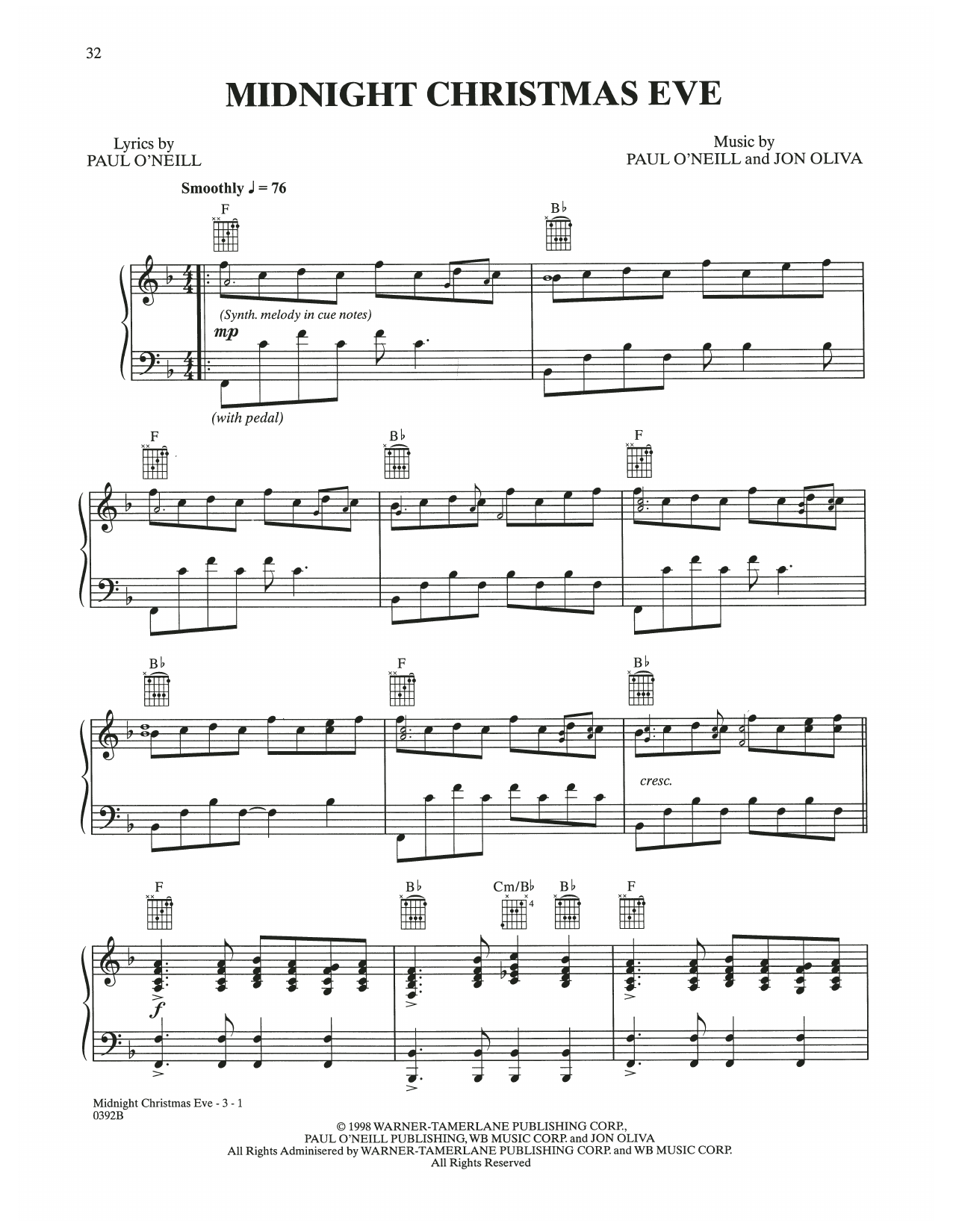 Trans-Siberian Orchestra Midnight Christmas Eve sheet music notes and chords arranged for Piano Solo