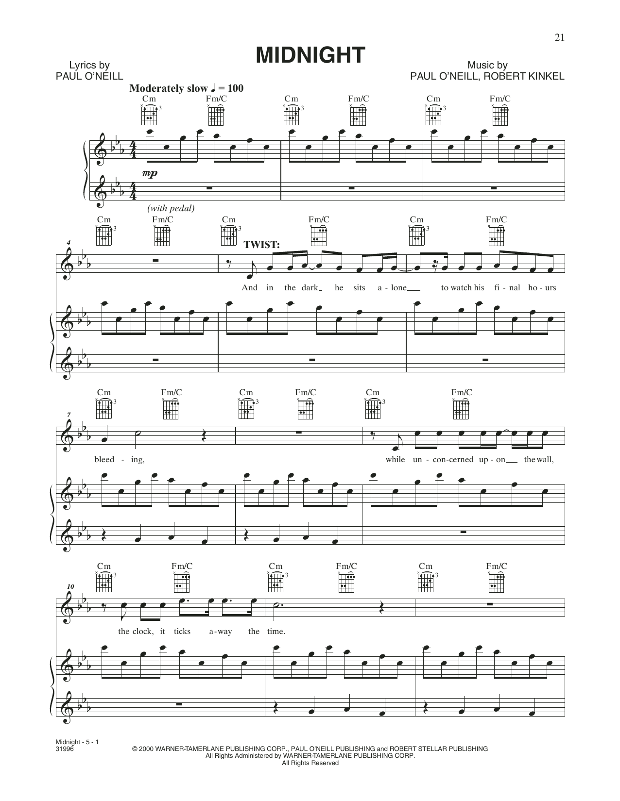 Trans-Siberian Orchestra Midnight sheet music notes and chords arranged for Piano, Vocal & Guitar Chords (Right-Hand Melody)