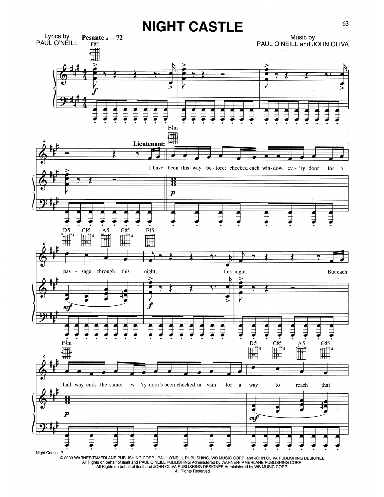 Trans-Siberian Orchestra Night Castle sheet music notes and chords arranged for Piano, Vocal & Guitar Chords (Right-Hand Melody)