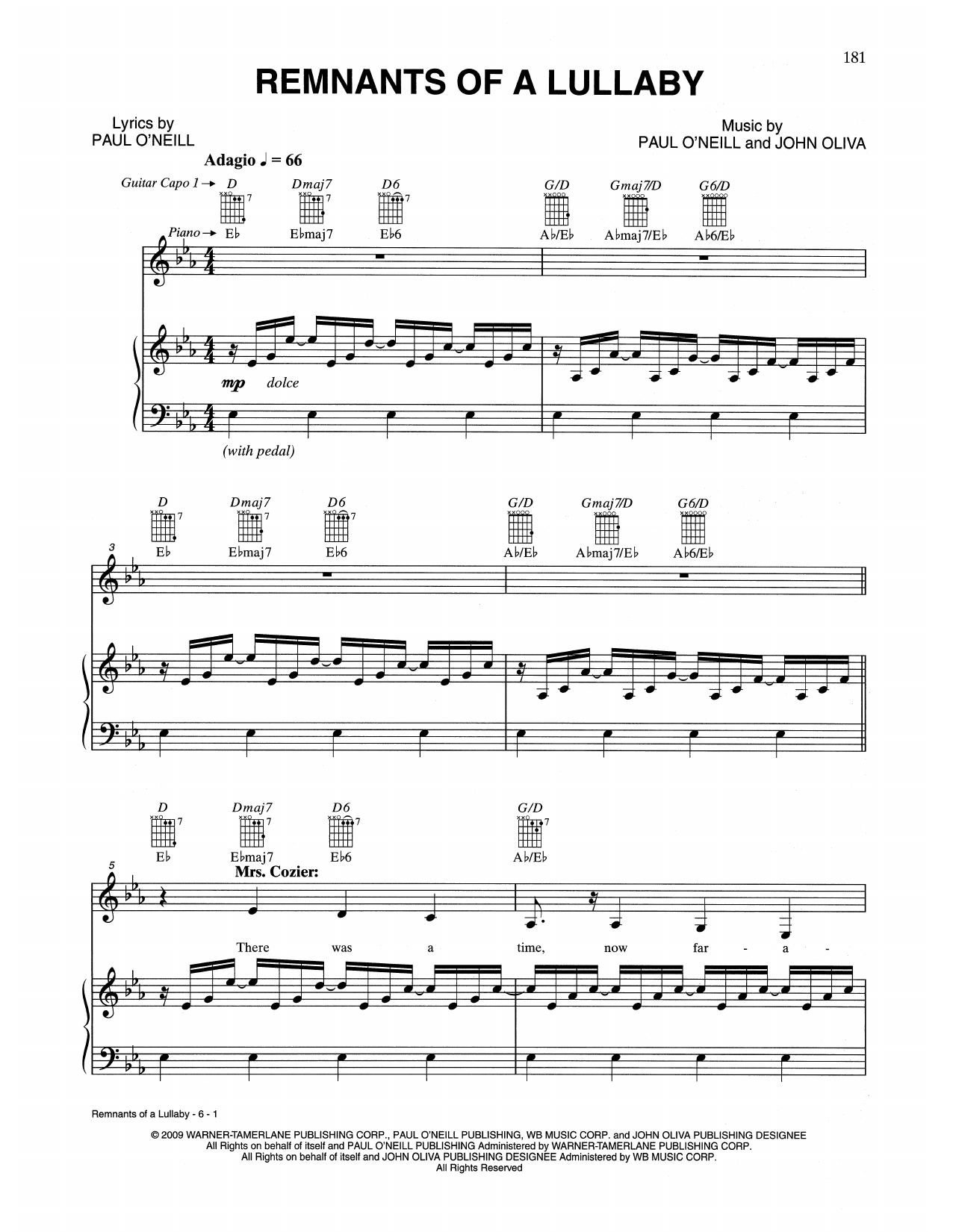 Trans-Siberian Orchestra Remnants Of A Lullaby sheet music notes and chords arranged for Piano, Vocal & Guitar Chords (Right-Hand Melody)