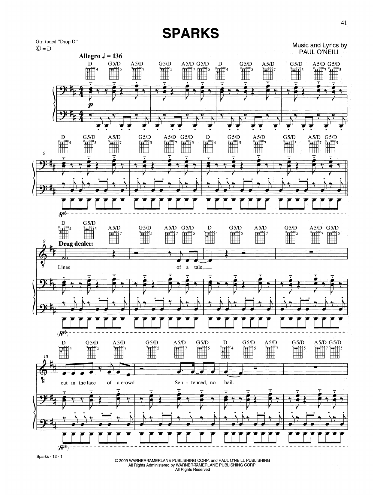 Trans-Siberian Orchestra Sparks sheet music notes and chords arranged for Piano, Vocal & Guitar Chords (Right-Hand Melody)