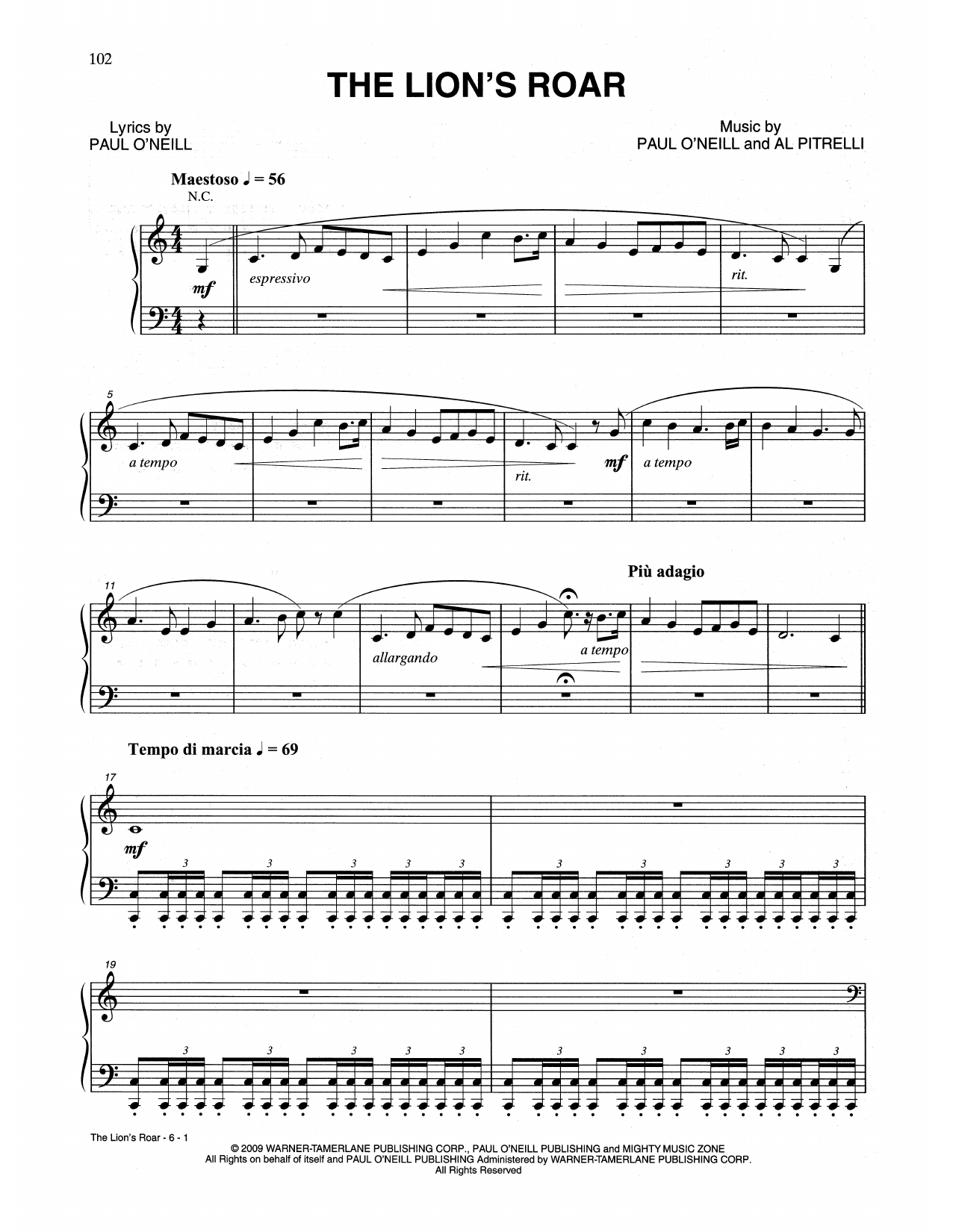 Trans-Siberian Orchestra The Lion's Roar sheet music notes and chords arranged for Piano Solo