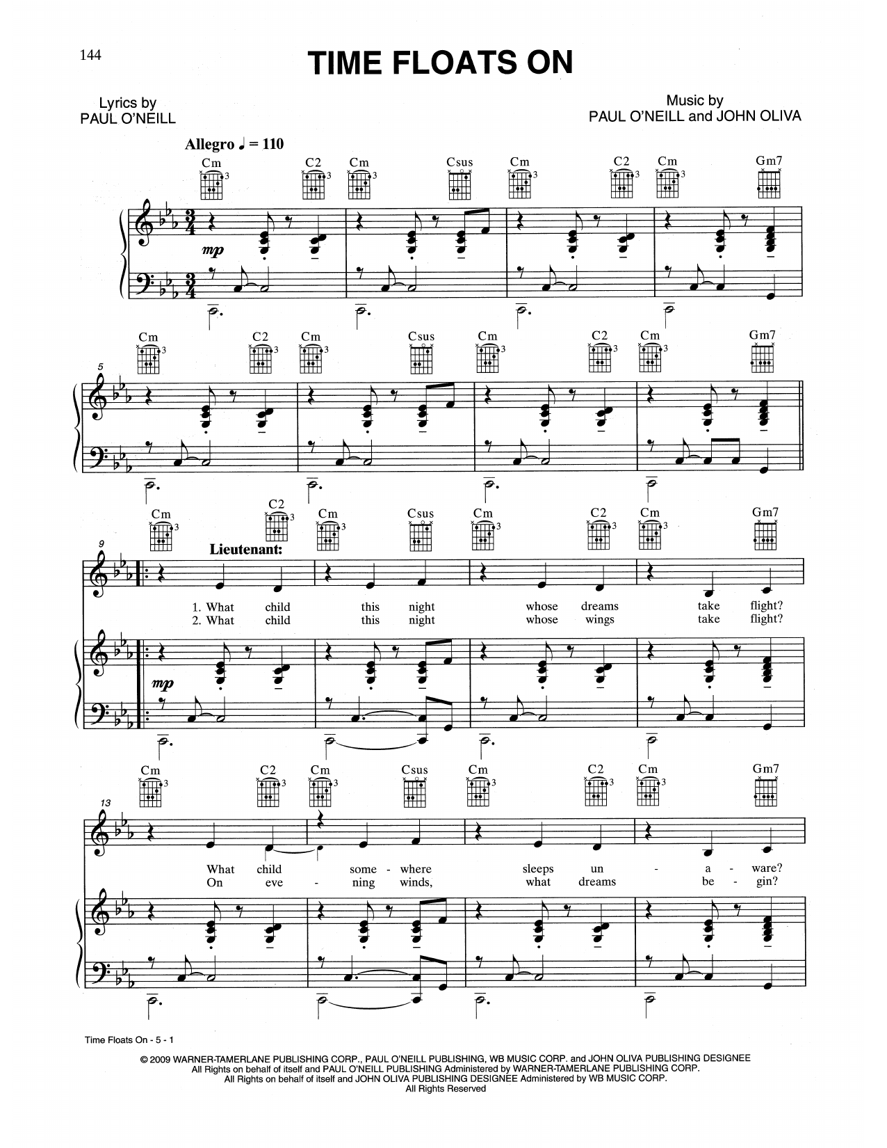 Trans-Siberian Orchestra Time Floats On sheet music notes and chords arranged for Piano, Vocal & Guitar Chords (Right-Hand Melody)