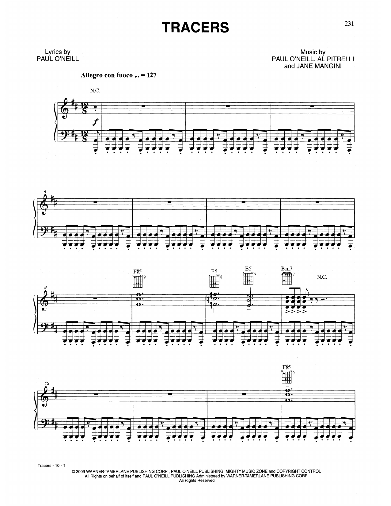 Trans-Siberian Orchestra Tracers sheet music notes and chords arranged for Piano, Vocal & Guitar Chords (Right-Hand Melody)