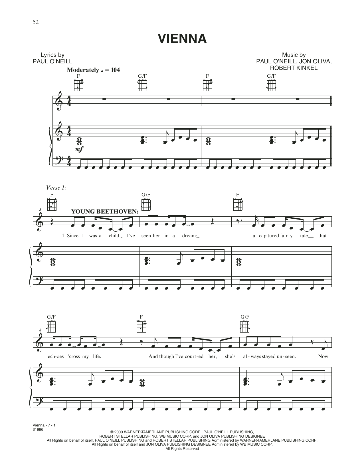 Trans-Siberian Orchestra Vienna sheet music notes and chords arranged for Piano, Vocal & Guitar Chords (Right-Hand Melody)