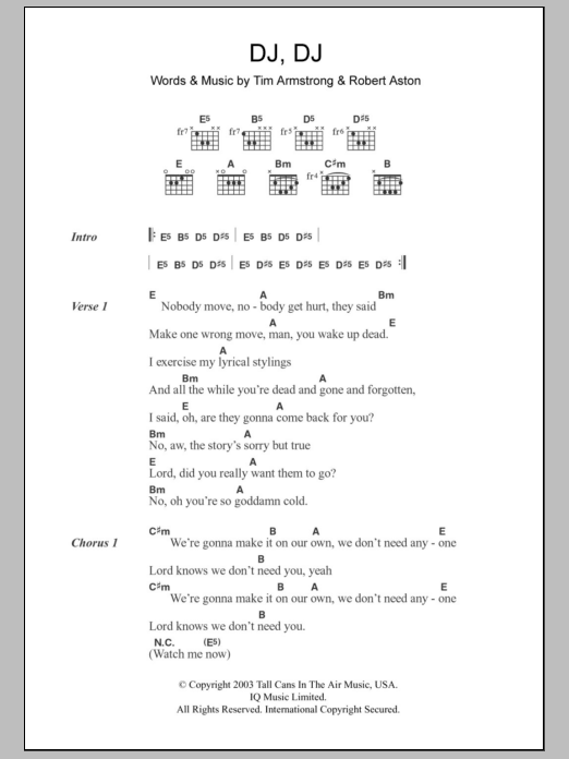 Transplants DJ, DJ sheet music notes and chords arranged for Guitar Chords/Lyrics