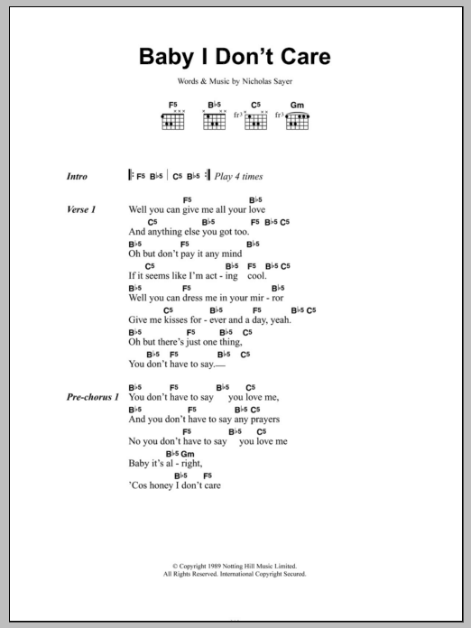 Transvision Vamp Baby I Don't Care sheet music notes and chords arranged for Guitar Chords/Lyrics