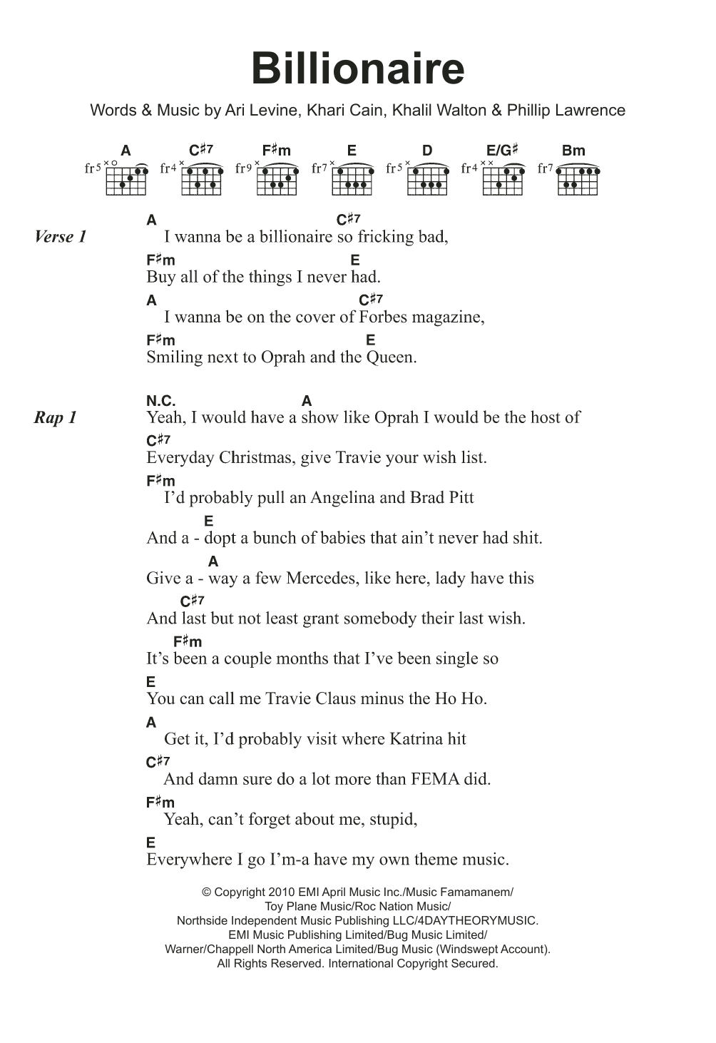 Travie McCoy Billionaire (featuring Bruno Mars) sheet music notes and chords arranged for Guitar Chords/Lyrics