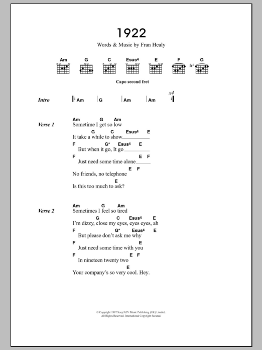 Travis 1922 sheet music notes and chords arranged for Guitar Chords/Lyrics