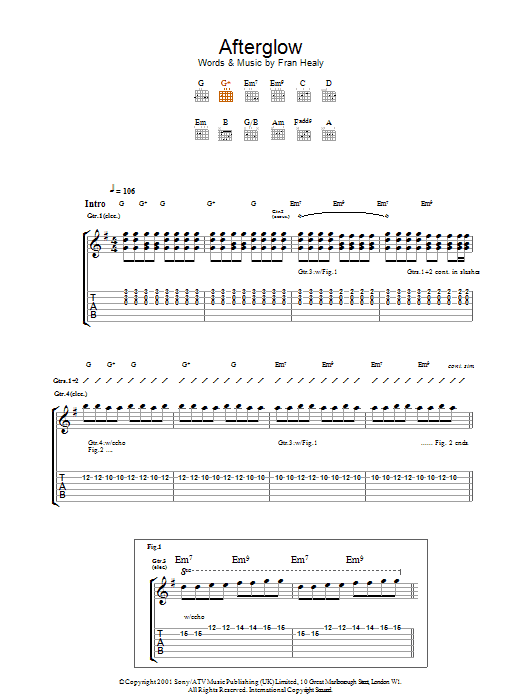 Travis Afterglow sheet music notes and chords arranged for Guitar Chords/Lyrics