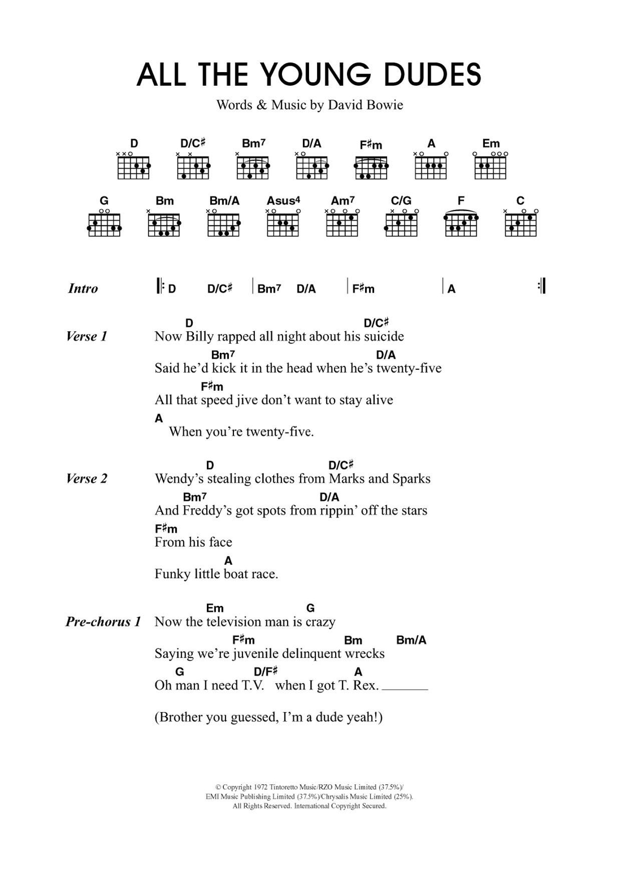 Travis All The Young Dudes sheet music notes and chords arranged for Guitar Chords/Lyrics