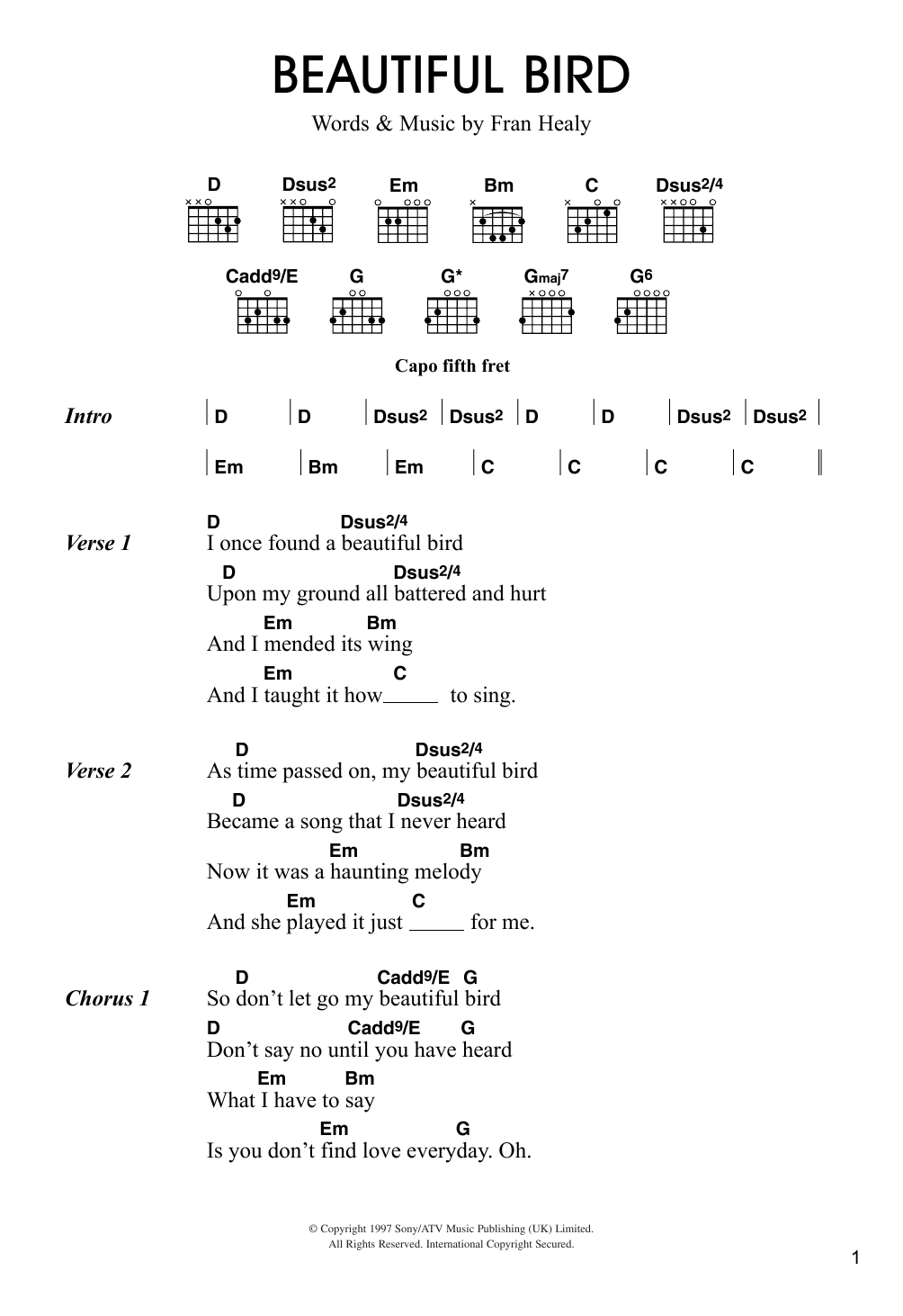 Travis Beautiful Bird sheet music notes and chords arranged for Guitar Chords/Lyrics