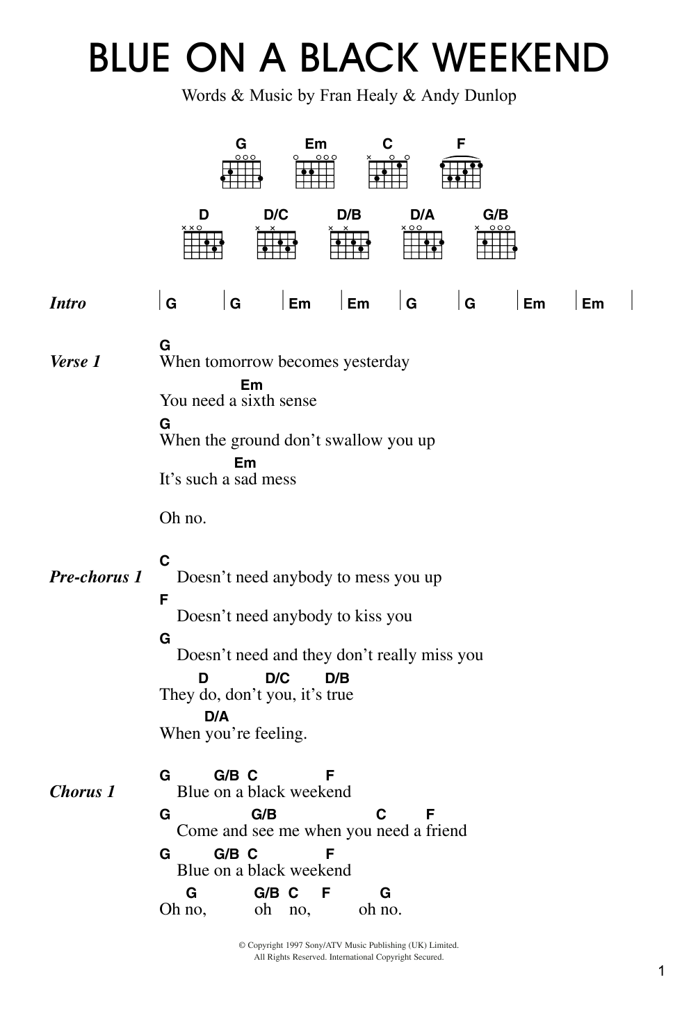 Travis Blue On A Black Weekend sheet music notes and chords arranged for Guitar Chords/Lyrics