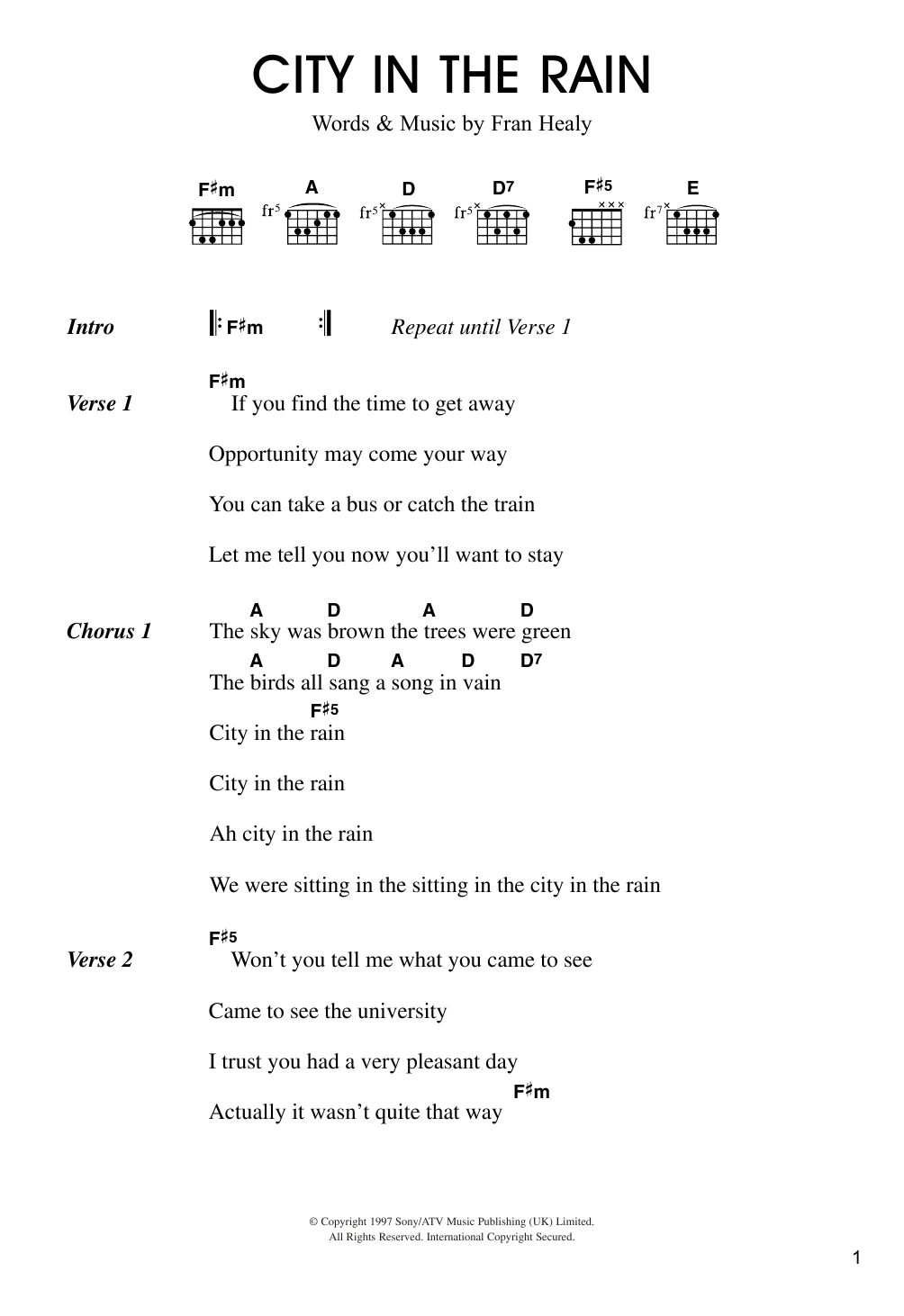 Travis City In The Rain sheet music notes and chords arranged for Guitar Chords/Lyrics
