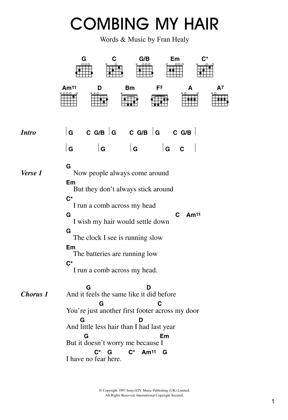Travis Combing My Hair sheet music notes and chords arranged for Guitar Chords/Lyrics