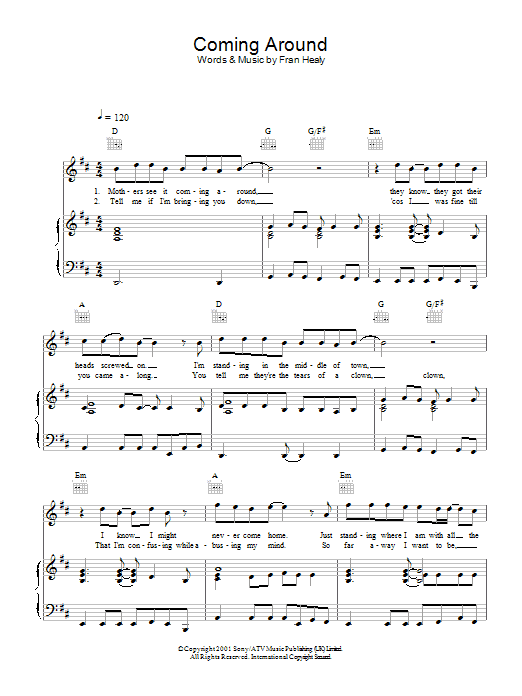 Travis Coming Around sheet music notes and chords arranged for Piano, Vocal & Guitar Chords