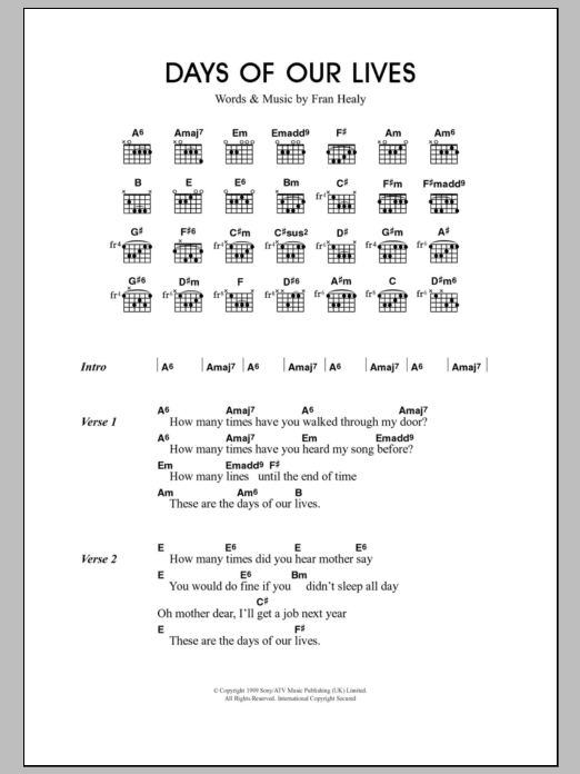 Travis Days Of Our Lives sheet music notes and chords arranged for Guitar Chords/Lyrics
