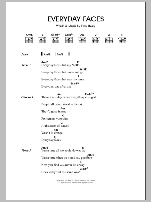 Travis Everyday Faces sheet music notes and chords arranged for Guitar Chords/Lyrics