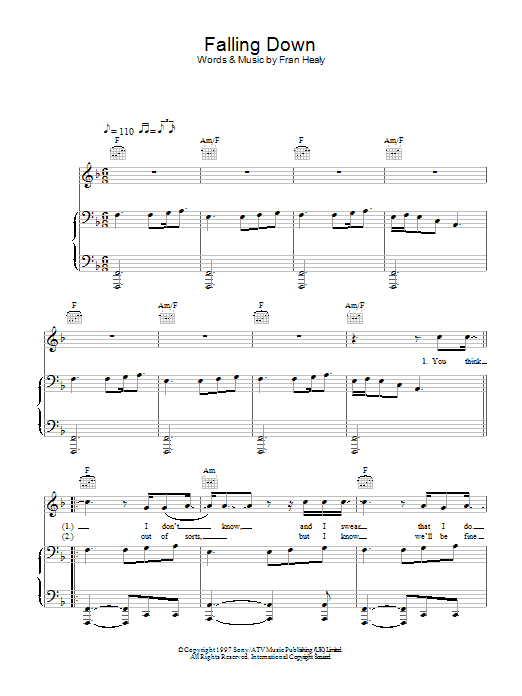 Travis Falling Down sheet music notes and chords arranged for Piano, Vocal & Guitar Chords