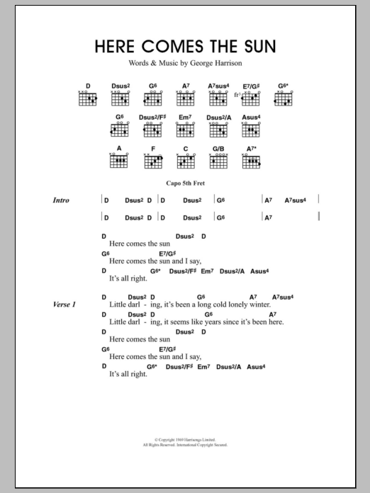 Travis Here Comes The Sun sheet music notes and chords arranged for Guitar Chords/Lyrics