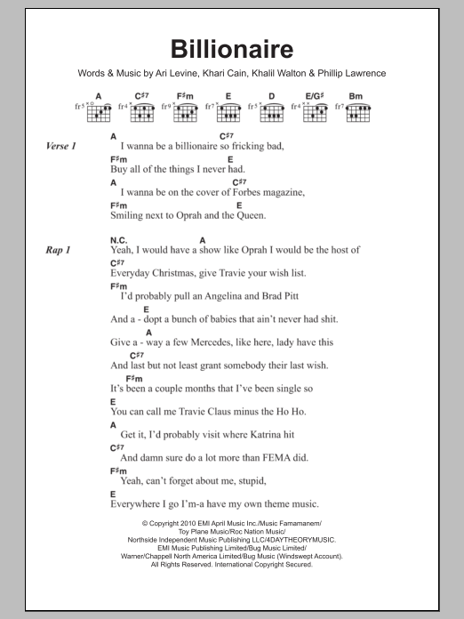 Travie McCoy Billionaire (feat. Bruno Mars) sheet music notes and chords arranged for Guitar Chords/Lyrics