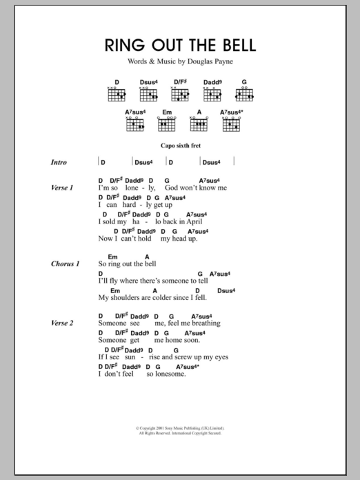 Travis Ring Out The Bell sheet music notes and chords arranged for Guitar Chords/Lyrics