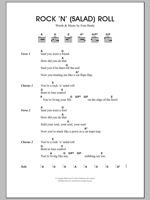 Travis Rock 'n' (Salad) Roll sheet music notes and chords arranged for Guitar Chords/Lyrics