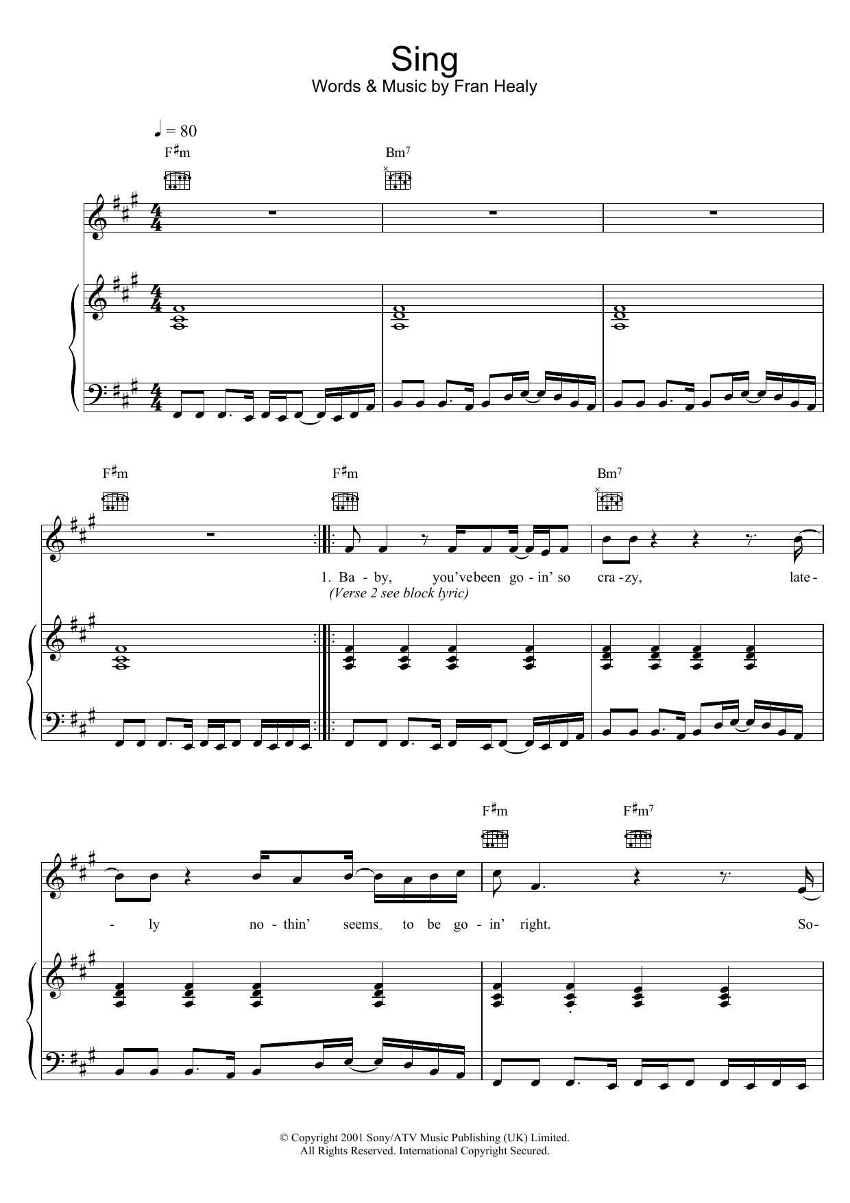 Travis Sing sheet music notes and chords arranged for Piano, Vocal & Guitar Chords