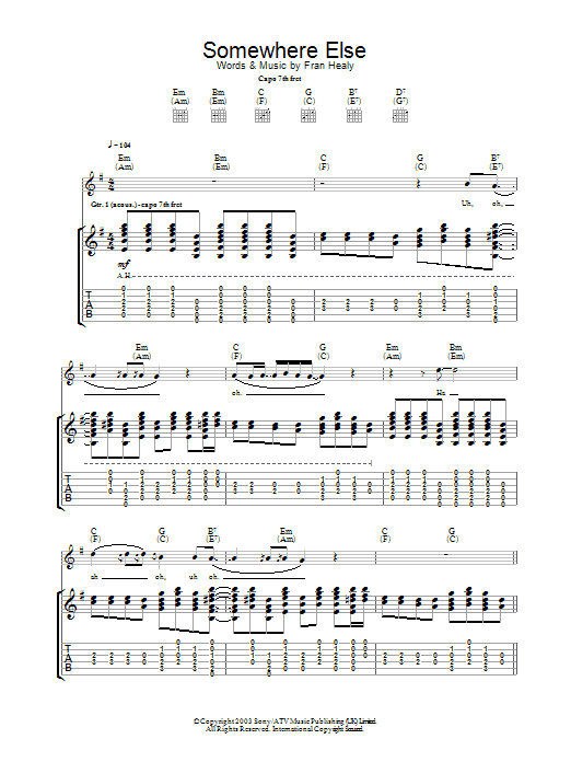 Travis Somewhere Else sheet music notes and chords arranged for Guitar Tab