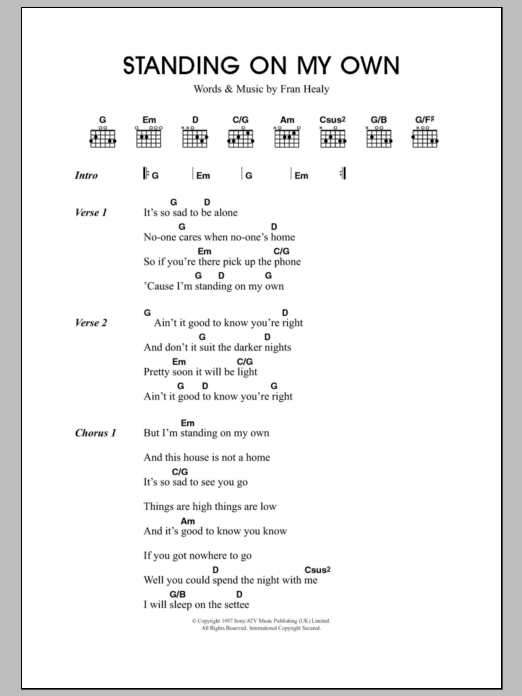 Travis Standing On My Own sheet music notes and chords arranged for Guitar Chords/Lyrics