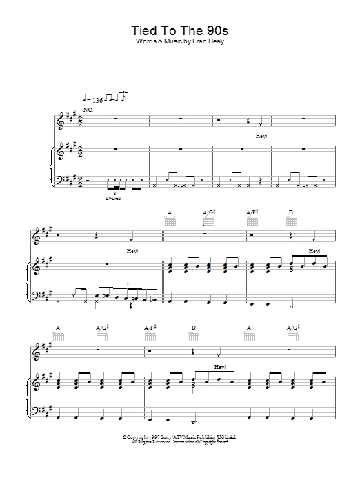 Travis Tied To The 90s sheet music notes and chords arranged for Piano, Vocal & Guitar Chords