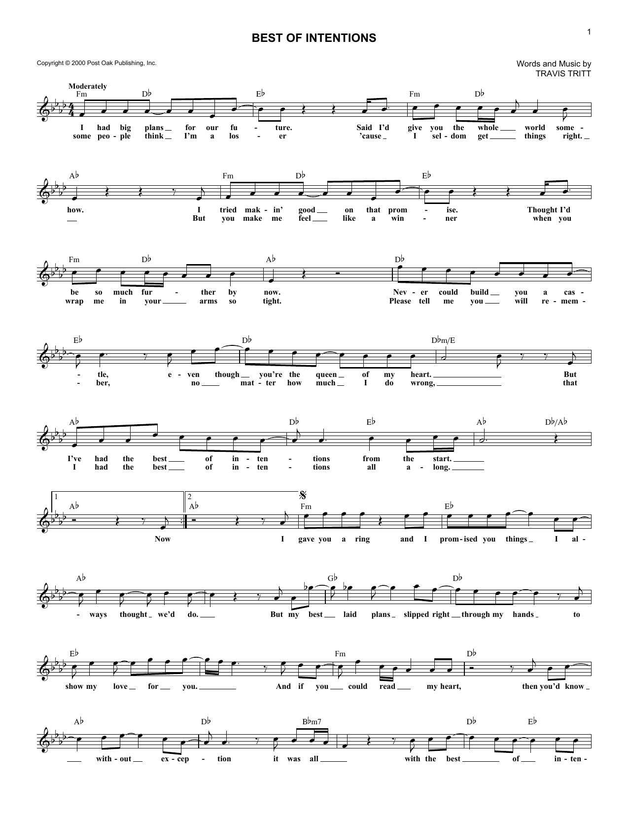 Travis Tritt Best Of Intentions sheet music notes and chords arranged for Lead Sheet / Fake Book