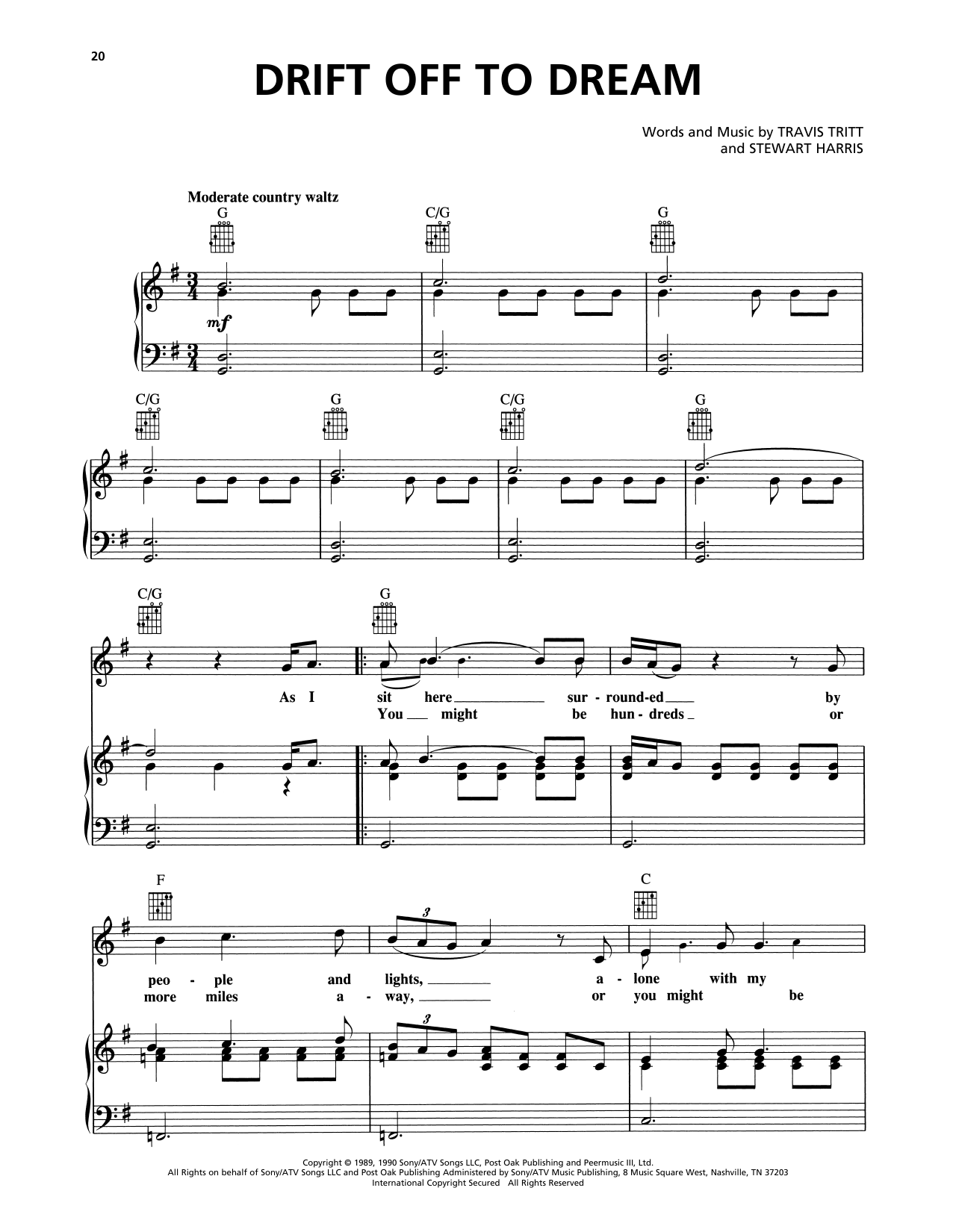 Travis Tritt Drift Off To Dream sheet music notes and chords arranged for Piano, Vocal & Guitar Chords (Right-Hand Melody)