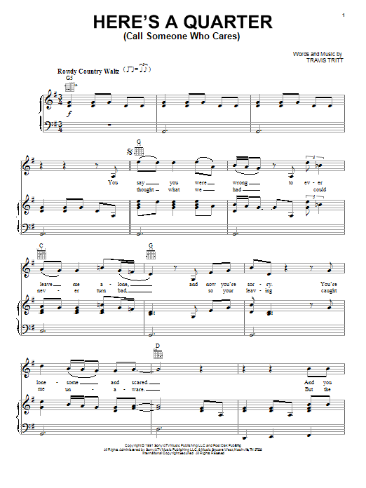 Travis Tritt Here's A Quarter (Call Someone Who Cares) sheet music notes and chords arranged for Very Easy Piano