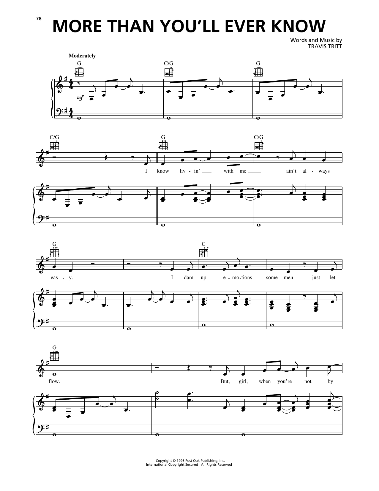 Travis Tritt More Than You'll Ever Know sheet music notes and chords arranged for Piano, Vocal & Guitar Chords (Right-Hand Melody)