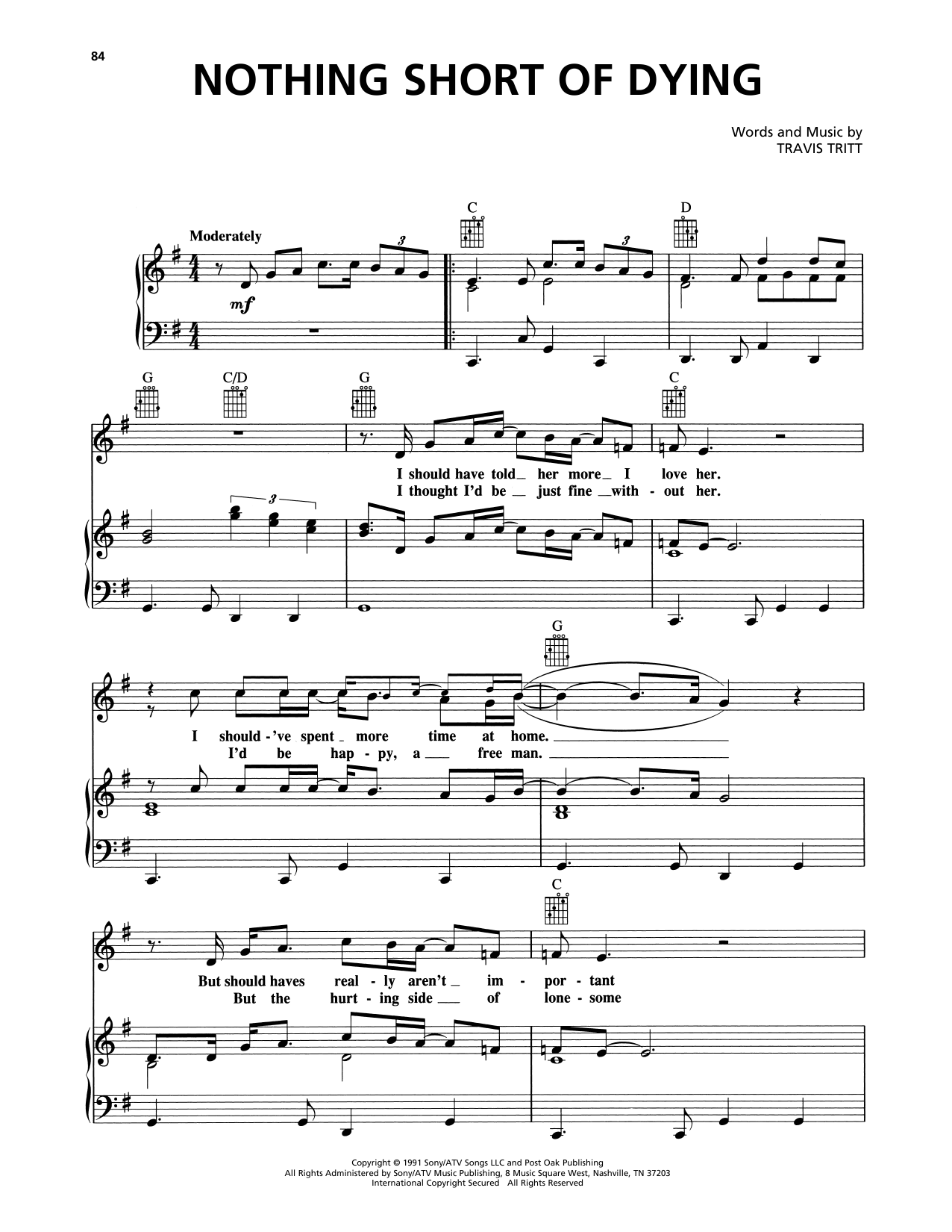 Travis Tritt Nothing Short Of Dying sheet music notes and chords arranged for Piano, Vocal & Guitar Chords (Right-Hand Melody)