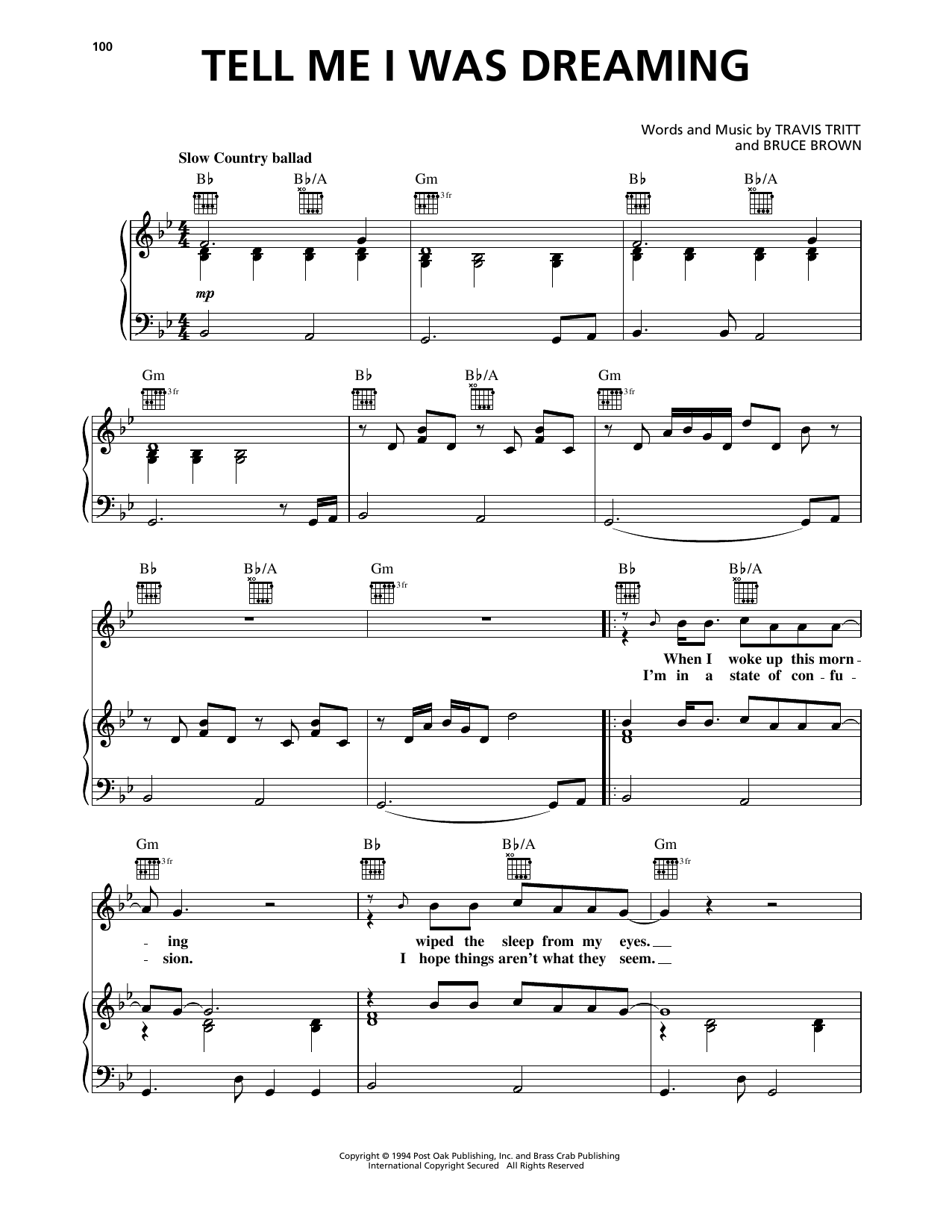 Travis Tritt Tell Me I Was Dreaming sheet music notes and chords arranged for Piano, Vocal & Guitar Chords (Right-Hand Melody)