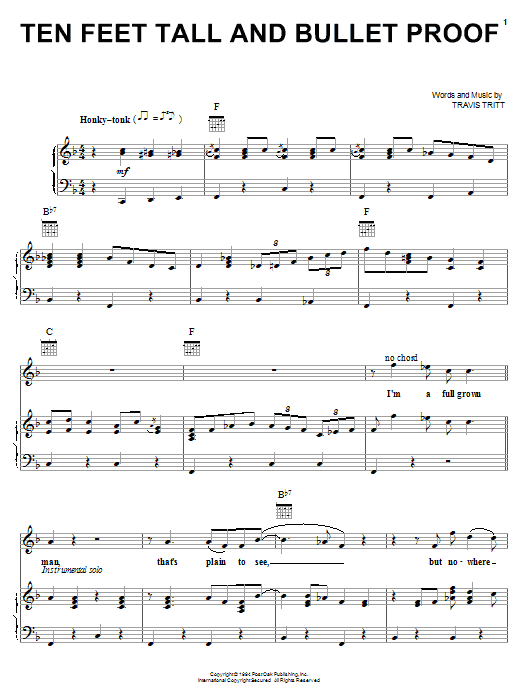 Travis Tritt Ten Feet Tall And Bullet Proof sheet music notes and chords arranged for Piano, Vocal & Guitar Chords (Right-Hand Melody)