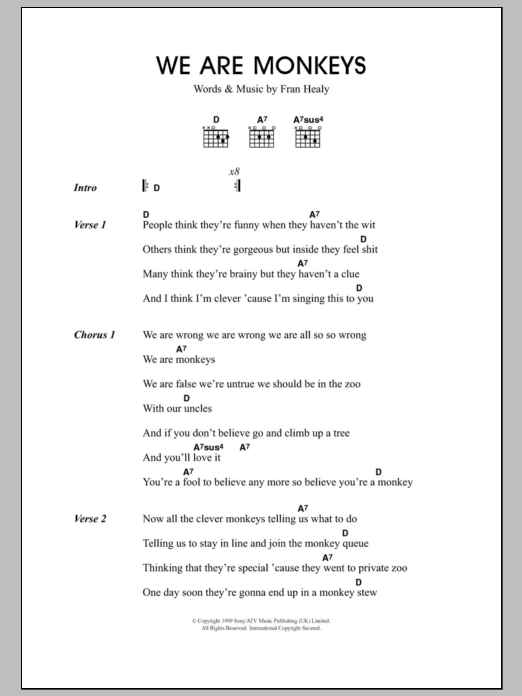 Travis We Are Monkeys sheet music notes and chords arranged for Guitar Chords/Lyrics
