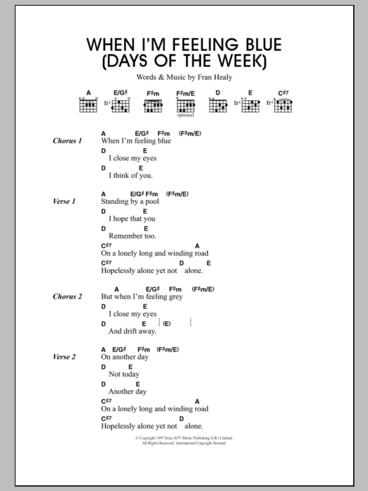 Travis When I'm Feeling Blue (Seven Days Of The Week) sheet music notes and chords arranged for Guitar Chords/Lyrics