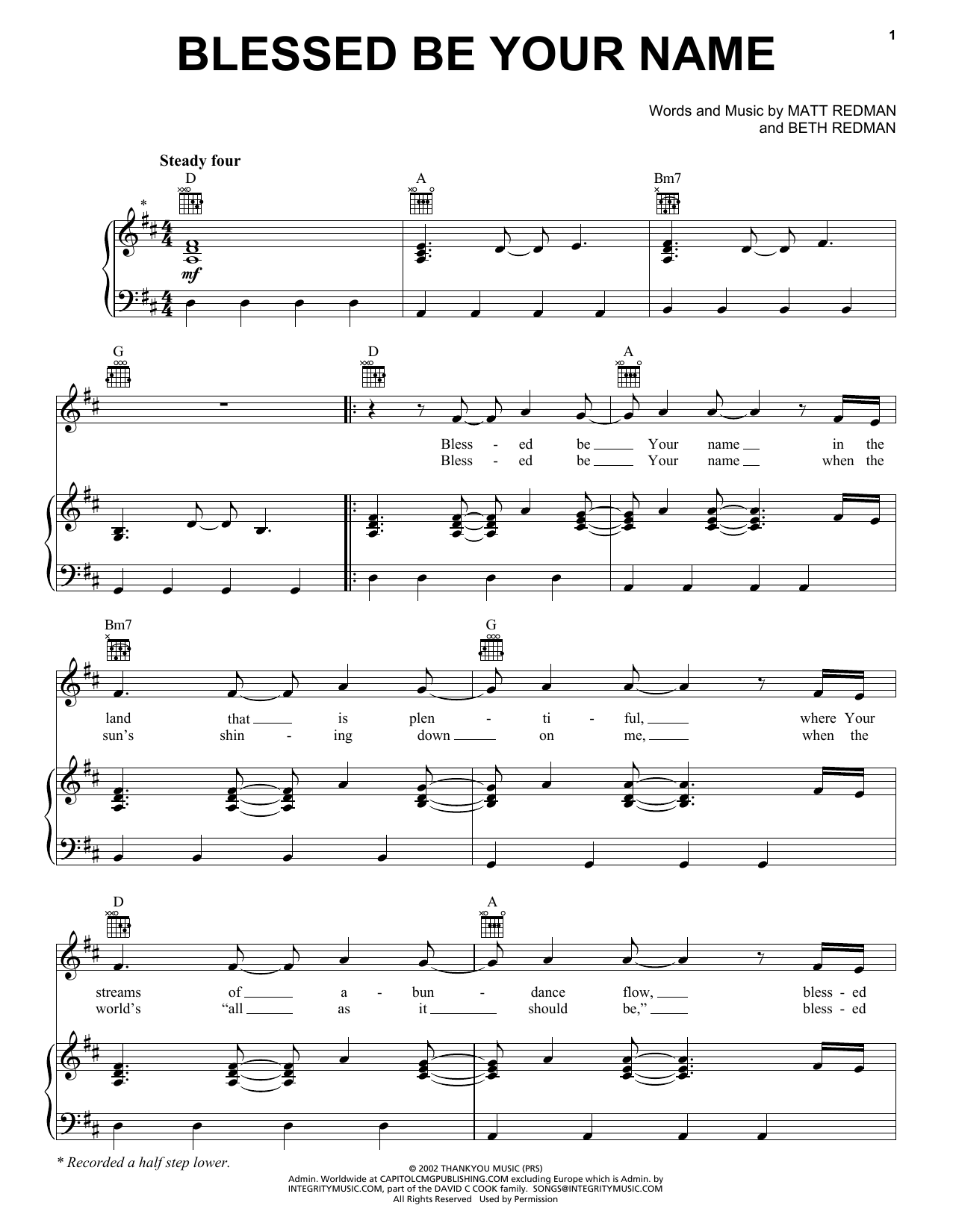 Tree63 Blessed Be Your Name sheet music notes and chords arranged for Piano, Vocal & Guitar Chords (Right-Hand Melody)